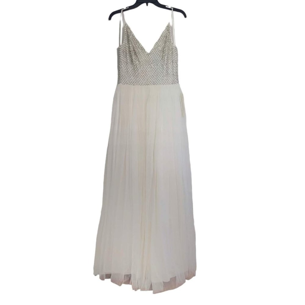Adrianna Papell Tulle Gown Dress Beaded Full Length Bridal Wedding Prom Formal